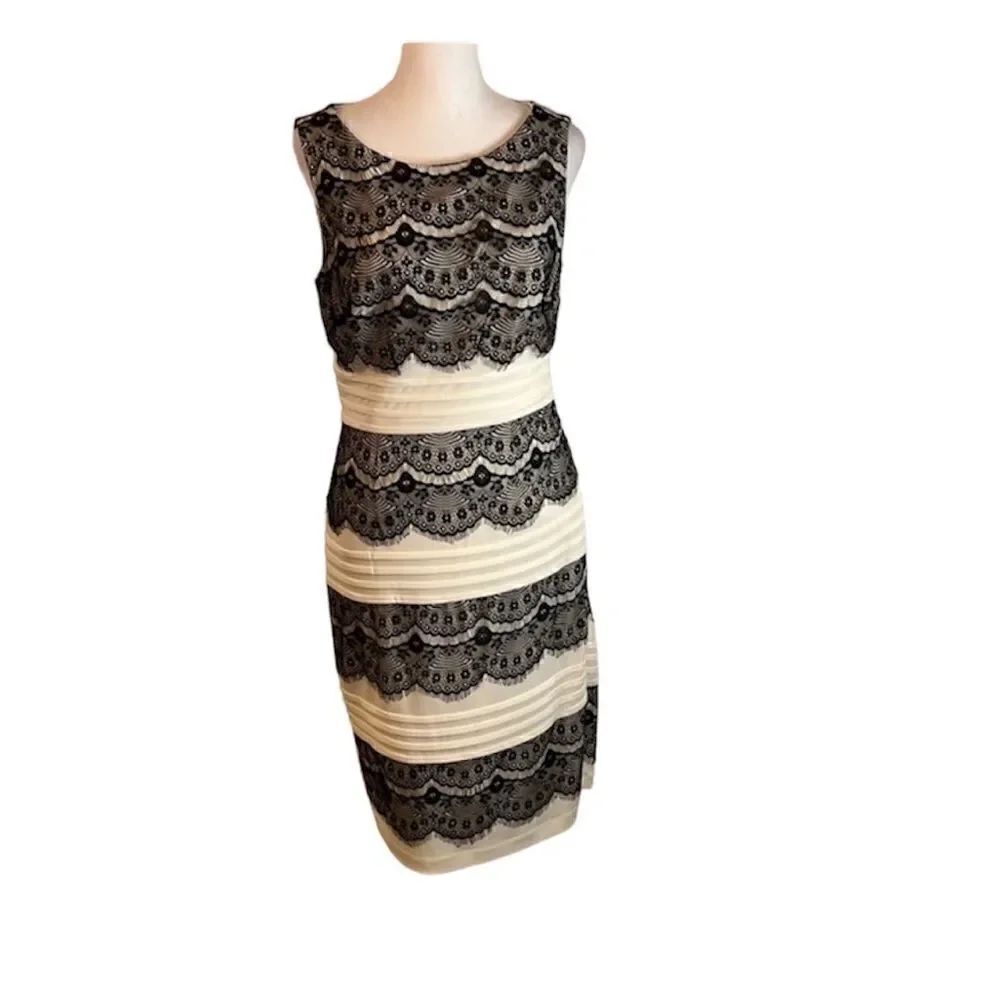 Jax sz8 black & white lace trimmed fully lined side zip bodycon midi dress GUC